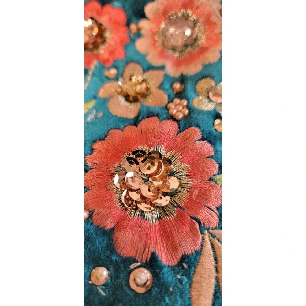 From India To You Teal Velvet Floral Embroidered Beaded Initial S Pouch Bag NEW